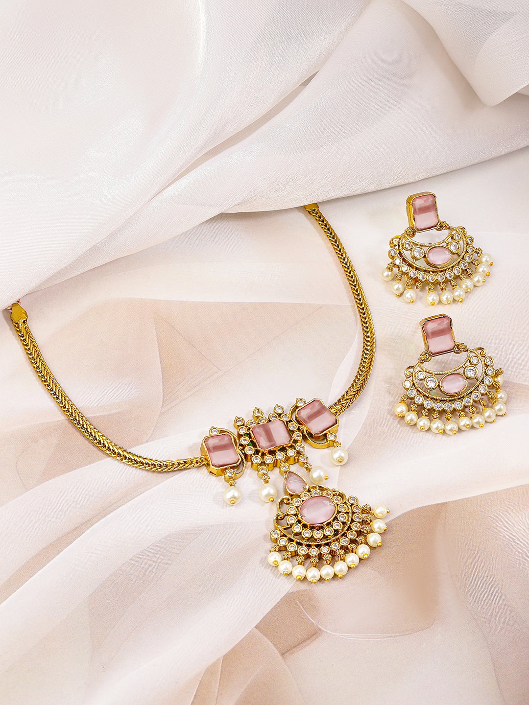 Pink Studded Pearl Drop Necklace Set