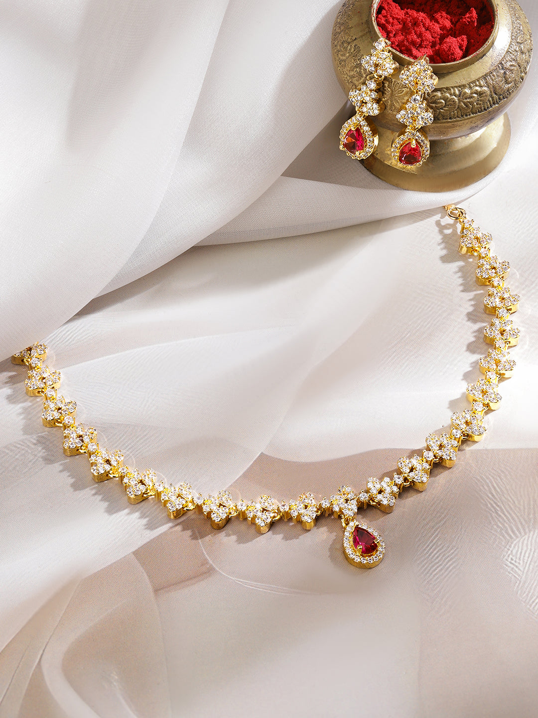 American Diamond Zircon Red Teardrop Necklace Set
