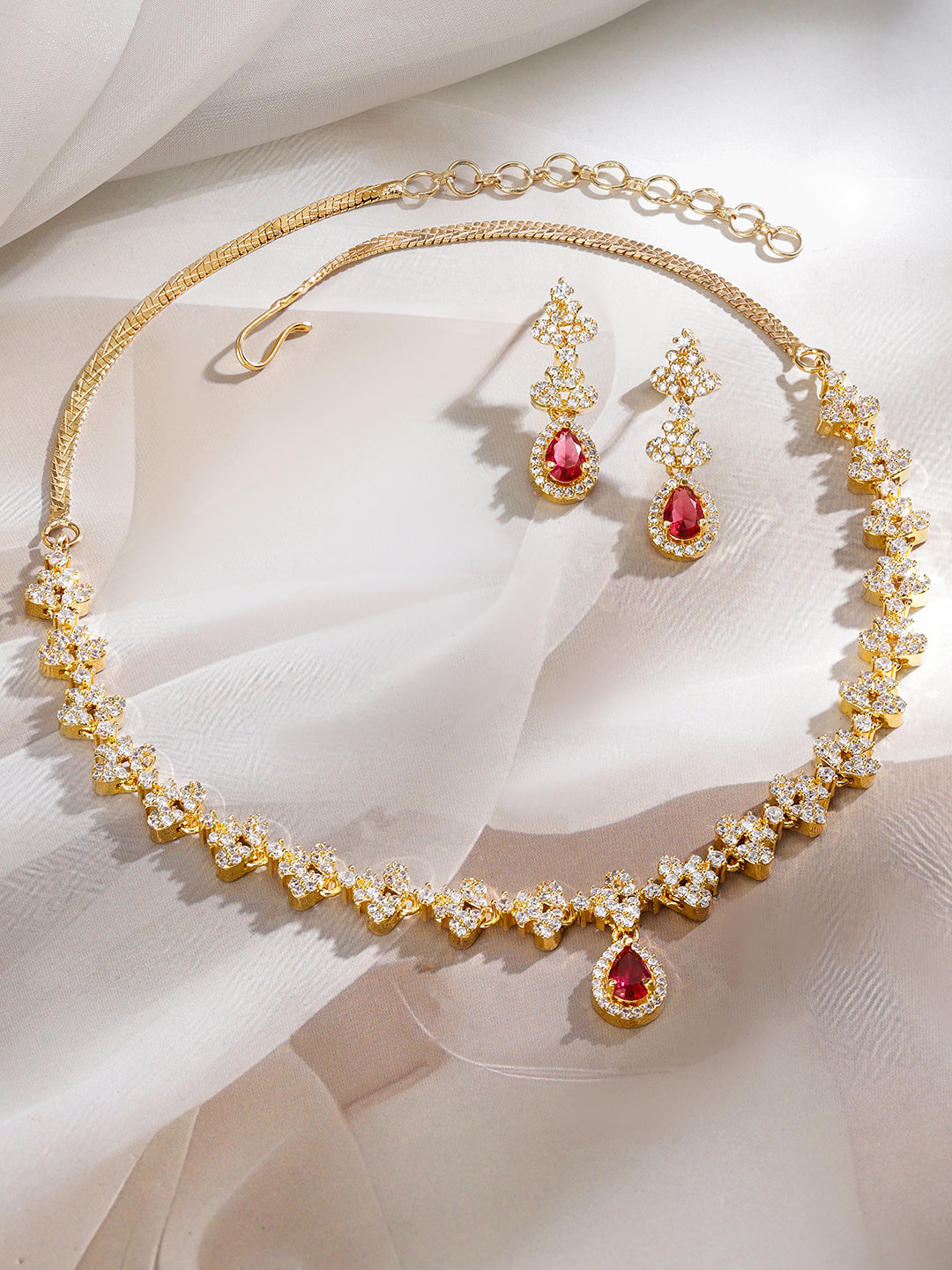 American Diamond Zircon Red Teardrop Necklace Set