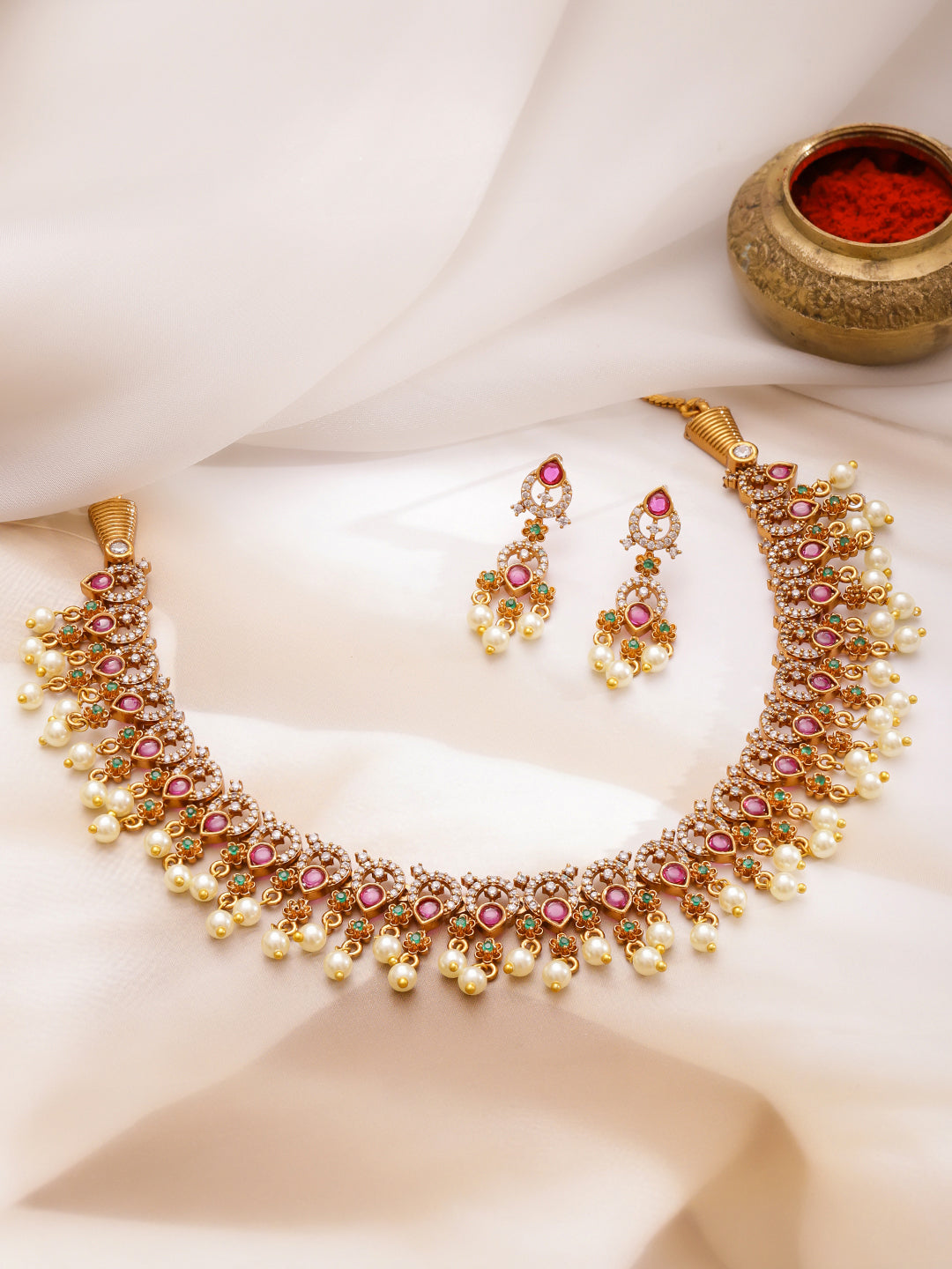 Radiant Bloom Pink & Green Necklace Set