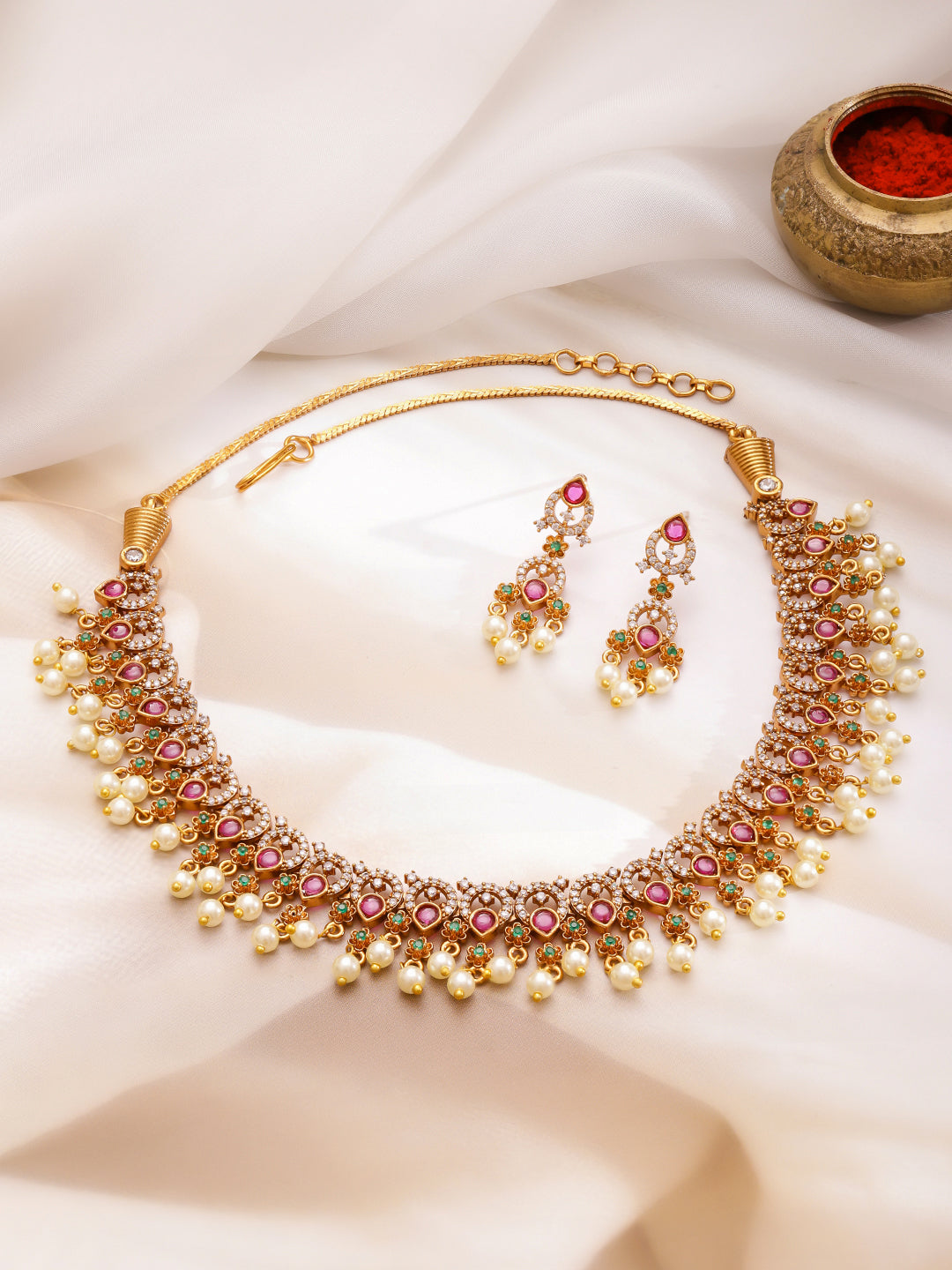 Radiant Bloom Pink & Green Necklace Set