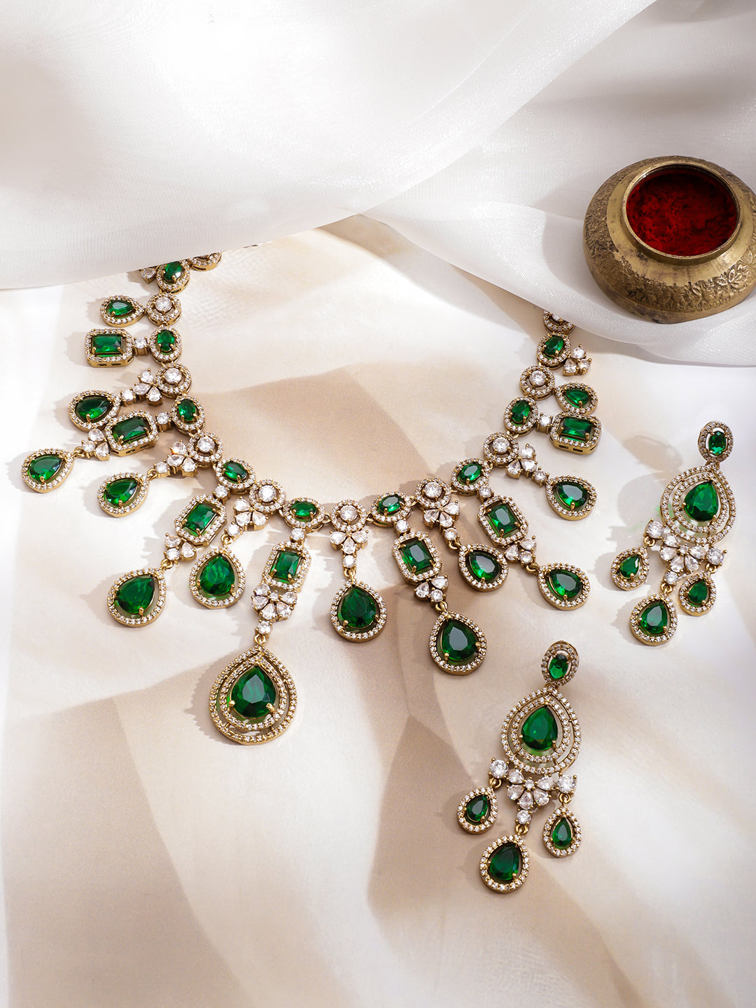 American Diamond Zirconia Emerald Necklace Set