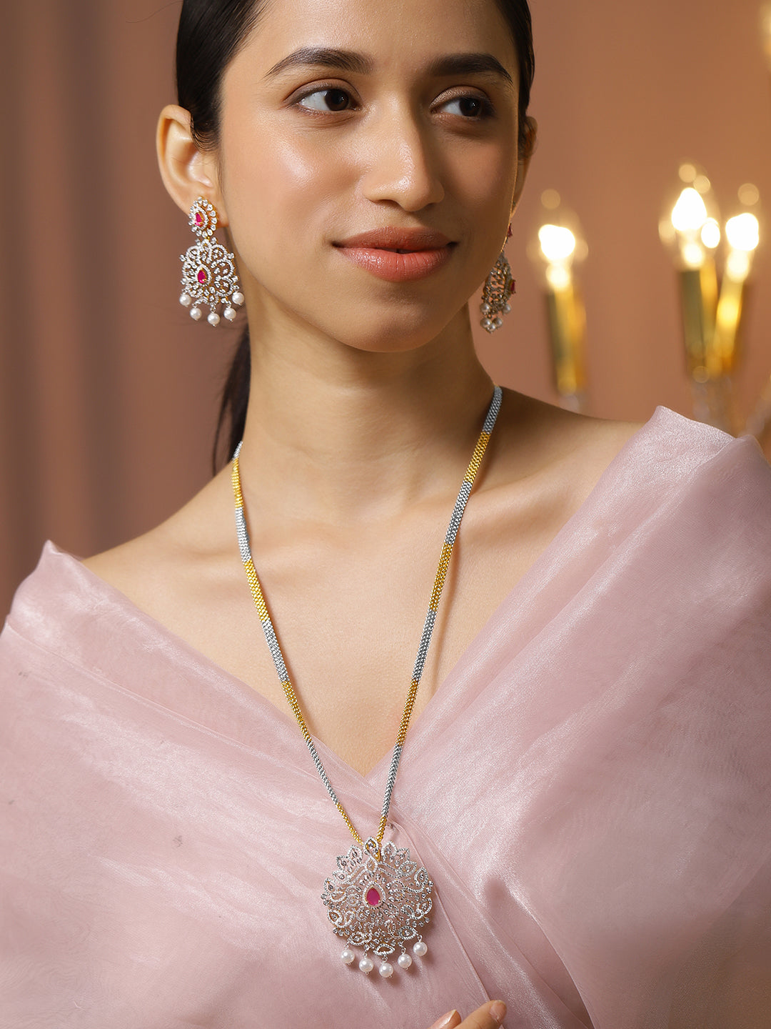 American Diamond Zirconia Dual-Toned Necklace Set