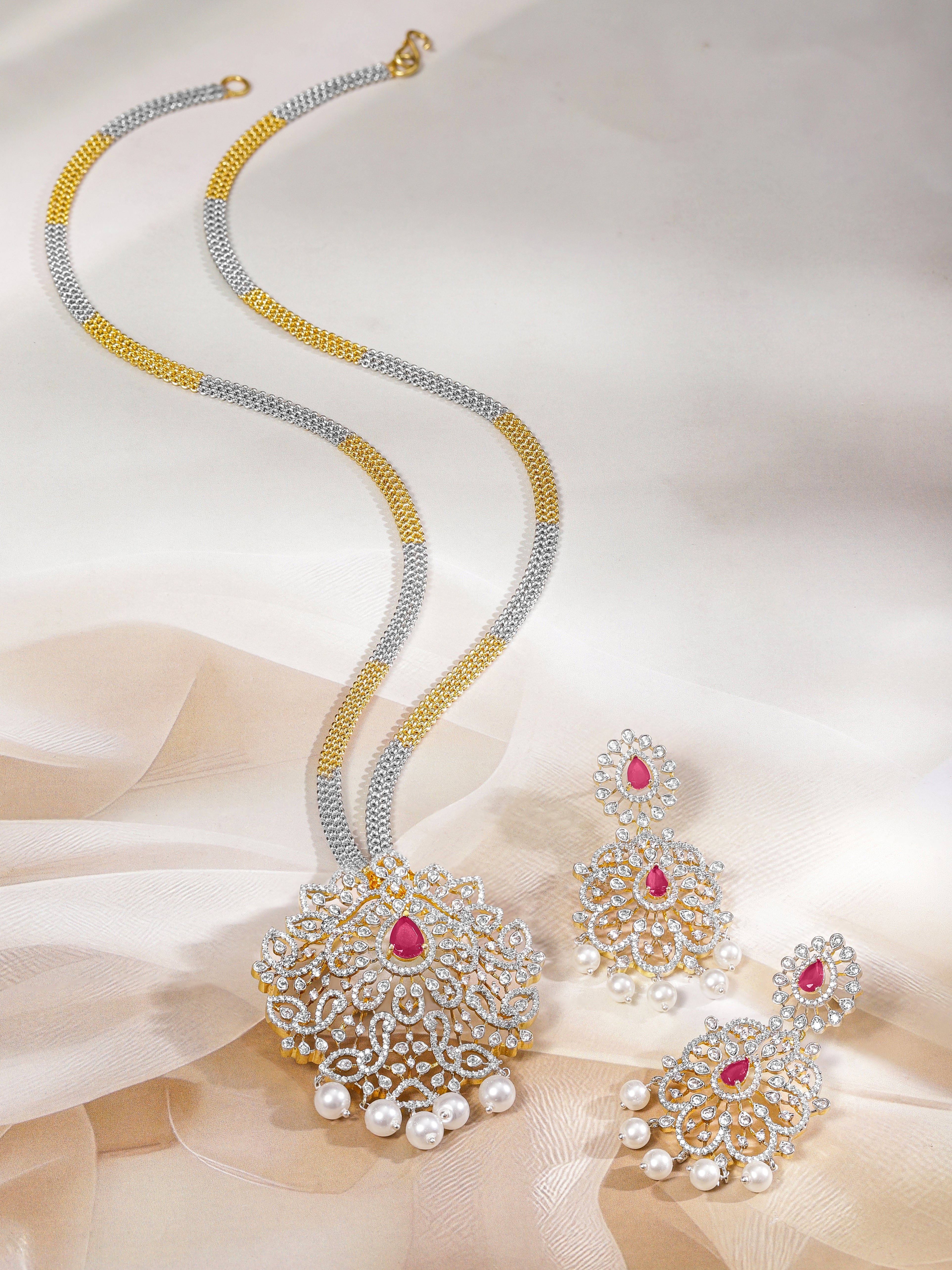 American Diamond Zirconia Dual-Toned Necklace Set