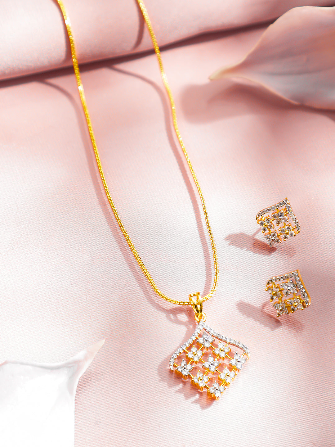 Geometric American Diamond Zirconia Pendant Necklace Set