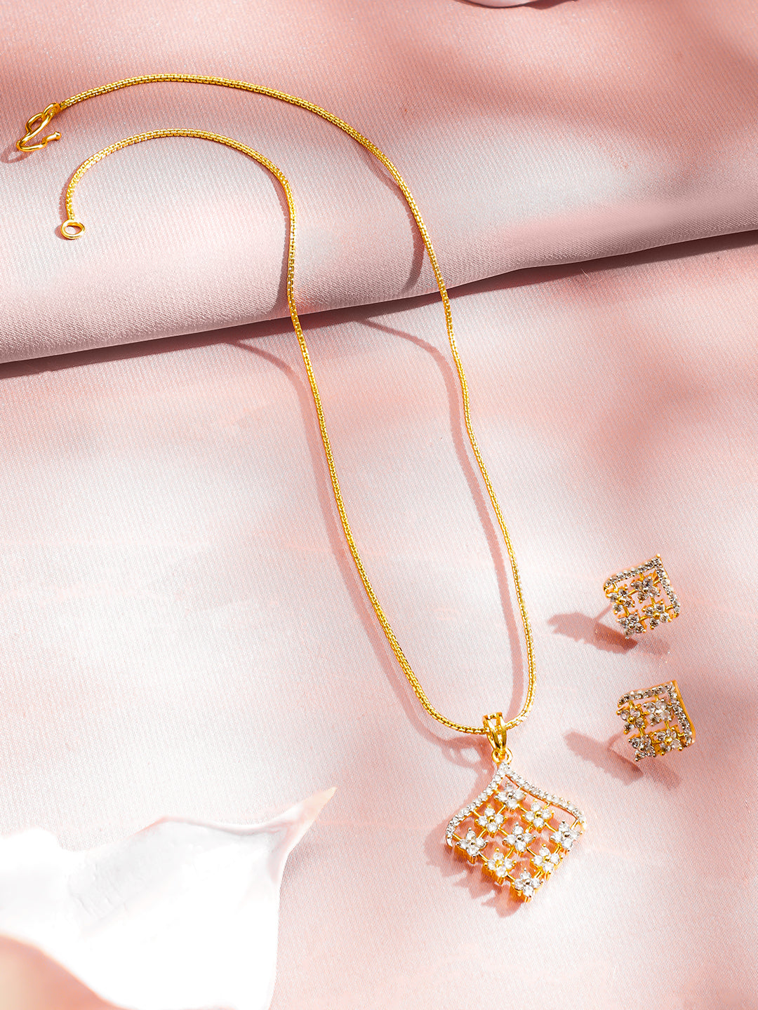 Geometric American Diamond Zirconia Pendant Necklace Set