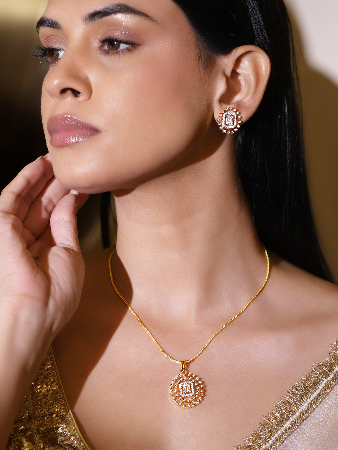 American Diamond Zirconia Studded Pendant Necklace Set