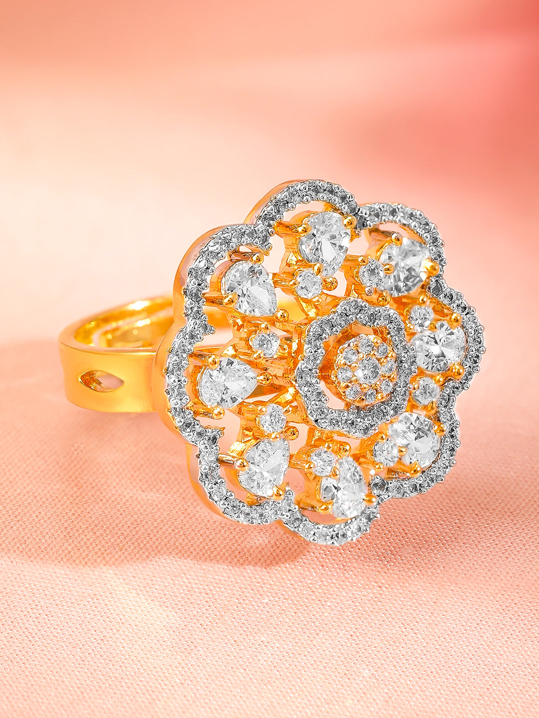 American Diamond Zirconia Floral Gold Ring