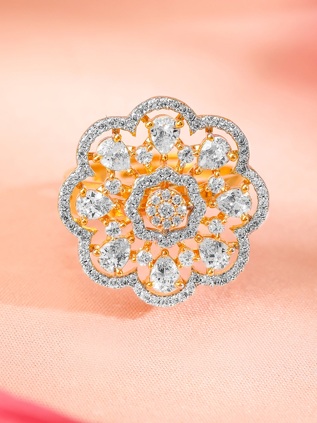 American Diamond Zirconia Floral Gold Ring