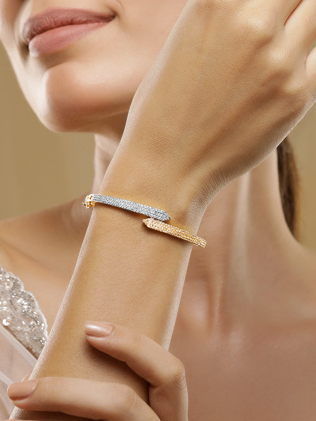 Wentra Dual Tone 22K Gold & Silver Plated Sparkling Zirconia Studded Openable Bangle-Style Bracelet