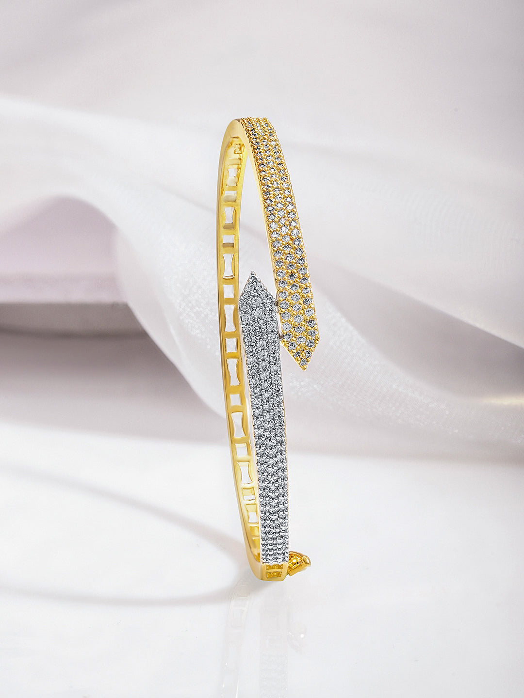 Wentra Dual Tone 22K Gold & Silver Plated Sparkling Zirconia Studded Openable Bangle-Style Bracelet