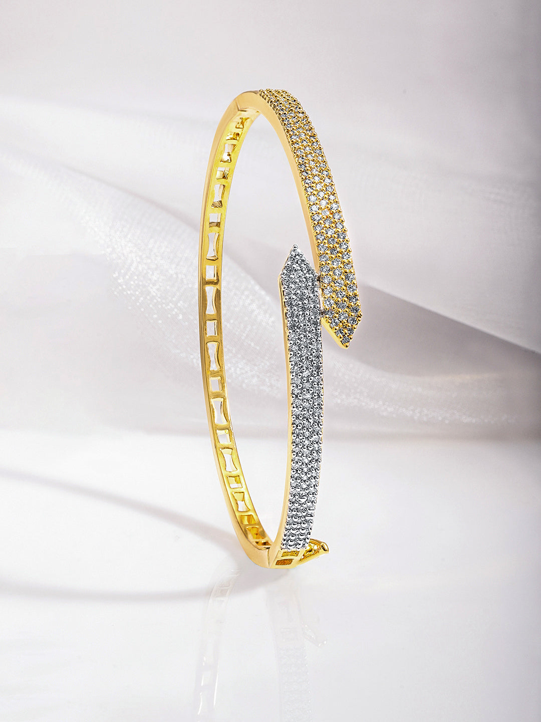 Wentra Dual Tone 22K Gold & Silver Plated Sparkling Zirconia Studded Openable Bangle-Style Bracelet