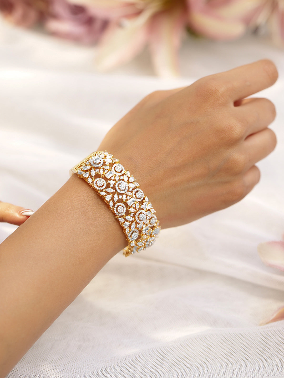 Wentra Women Brass Cubic Zirconia Handcrafted Gold-Plated Cuff Bracelet