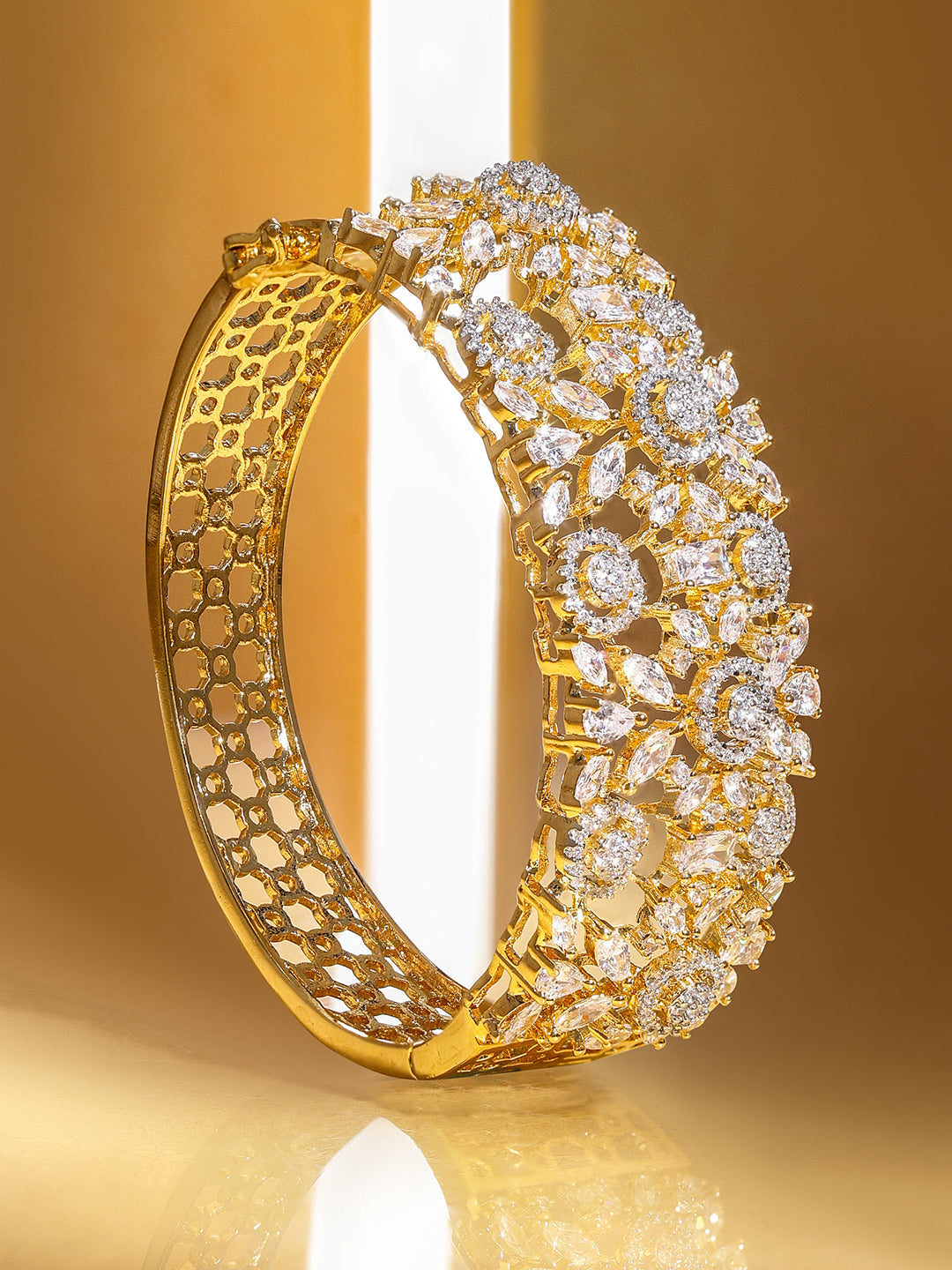 Wentra Women Brass Cubic Zirconia Handcrafted Gold-Plated Cuff Bracelet