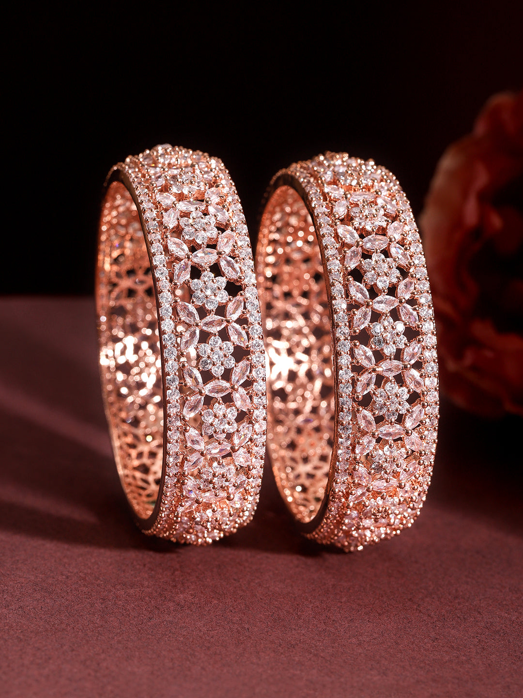 Wentra Set of 2 22K Rose Gold Plated Cubic Zirconia Stone Studded Floral Design Bangles