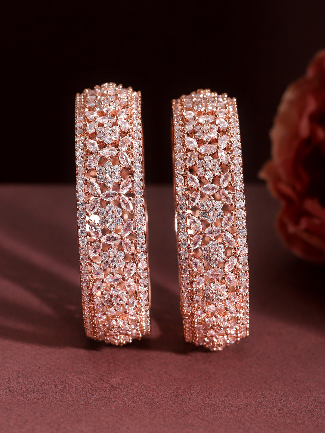Wentra Set of 2 22K Rose Gold Plated Cubic Zirconia Stone Studded Floral Design Bangles