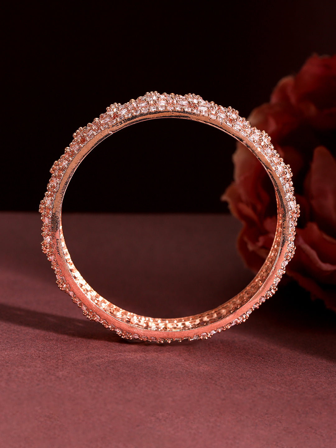Wentra Set of 2 22K Rose Gold Plated Cubic Zirconia Stone Studded Floral Design Bangles