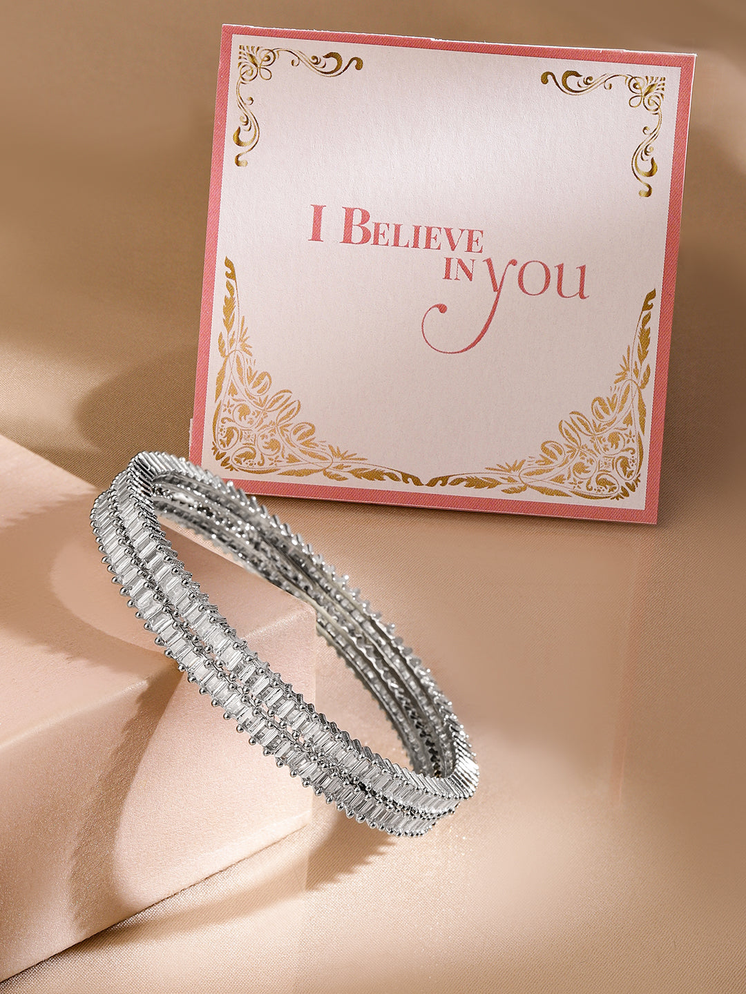 Wentra Silver Plated Set of 2 Zirconia Stone Studded Bangles