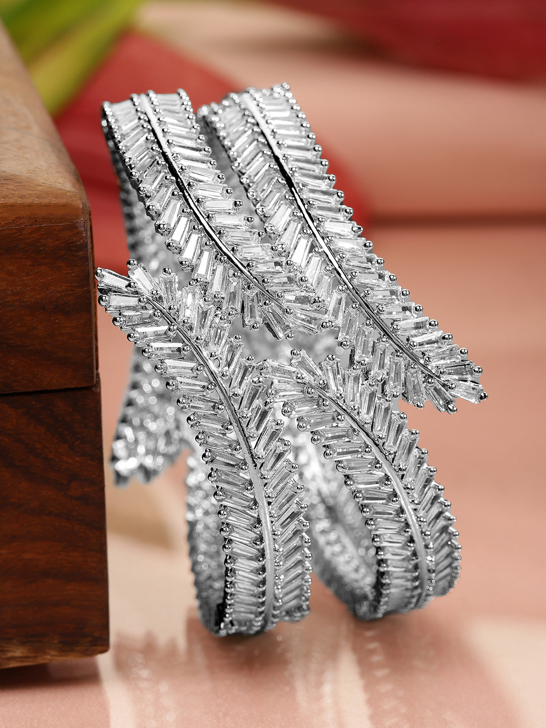Wentra Set of 2 Rhodium-Plated AD & Cubic Zirconia Studded Premium Bangles