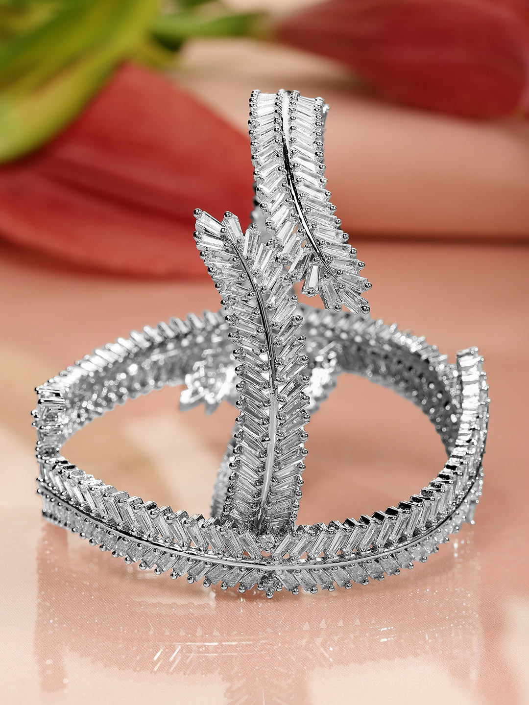 Wentra Set of 2 Rhodium-Plated AD & Cubic Zirconia Studded Premium Bangles