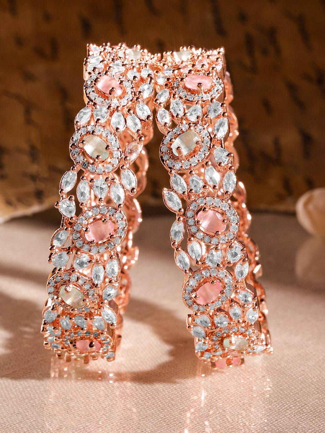 Wentra Set of 2 22K Rose Gold-Plated Pastel Pink, Blue & White Cubic Zirconia Studded Premium Bangles