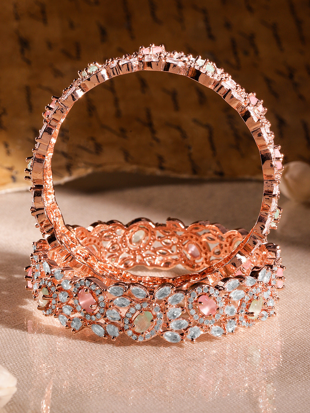 Wentra Set of 2 22K Rose Gold-Plated Pastel Pink, Blue & White Cubic Zirconia Studded Premium Bangles