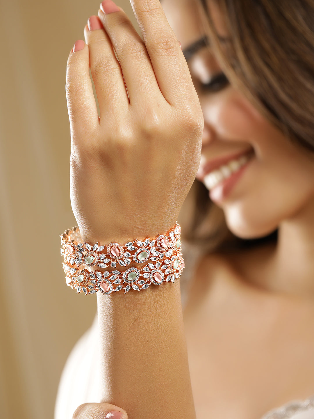 Wentra Set of 2 22K Rose Gold-Plated Pastel Pink, Blue & White Cubic Zirconia Studded Premium Bangles