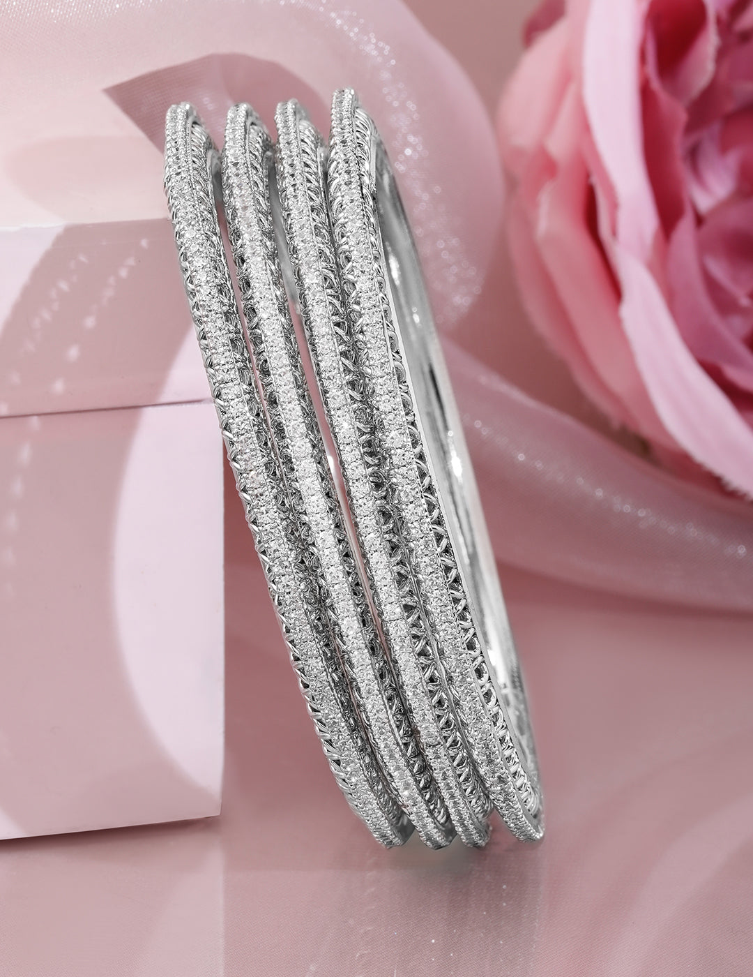 Wentra Set of 4 Rhodium-Plated Cubic Zirconia Studded Bangles