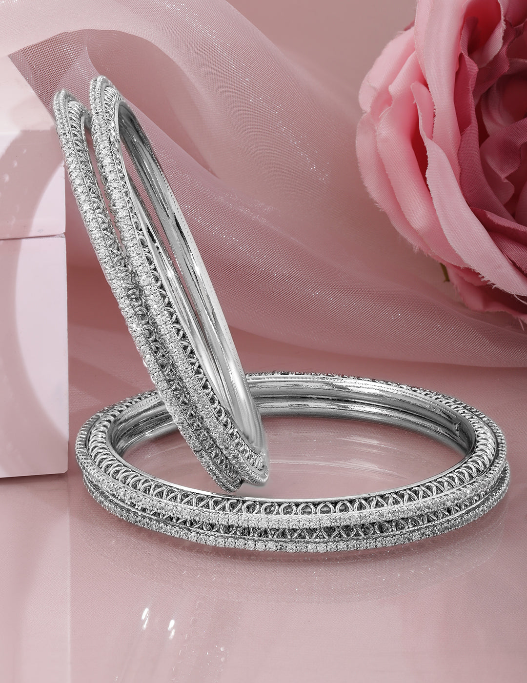 Wentra Set of 4 Rhodium-Plated Cubic Zirconia Studded Bangles