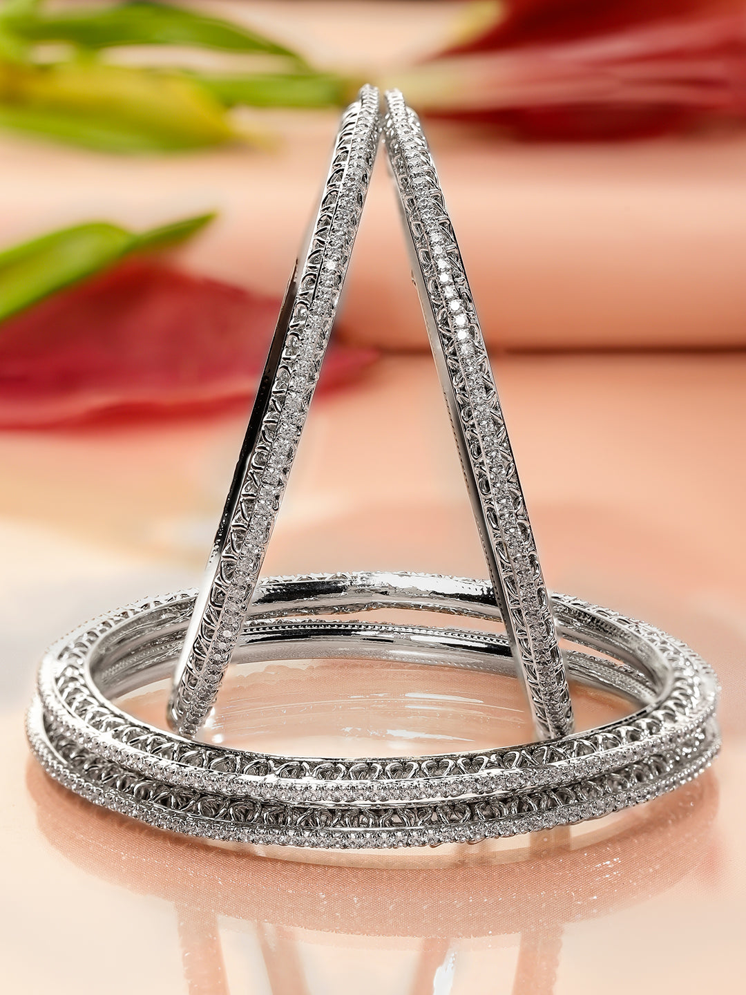 Wentra Set of 4 Rhodium-Plated Cubic Zirconia Studded Bangles