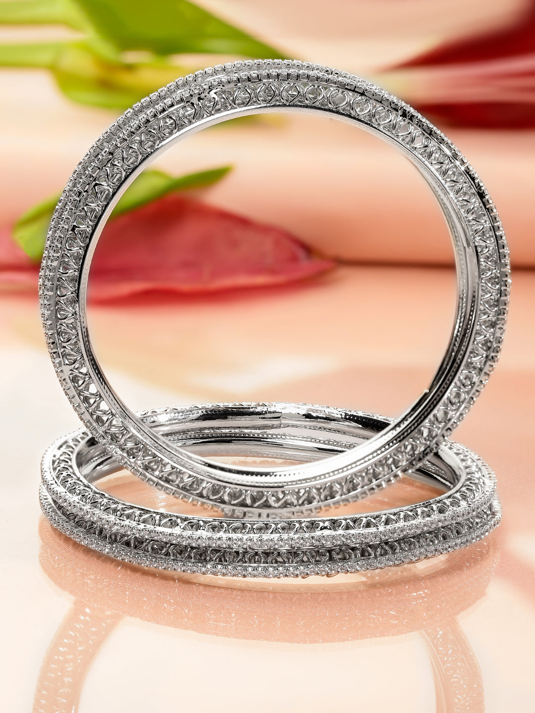Wentra Set of 4 Rhodium-Plated Cubic Zirconia Studded Bangles