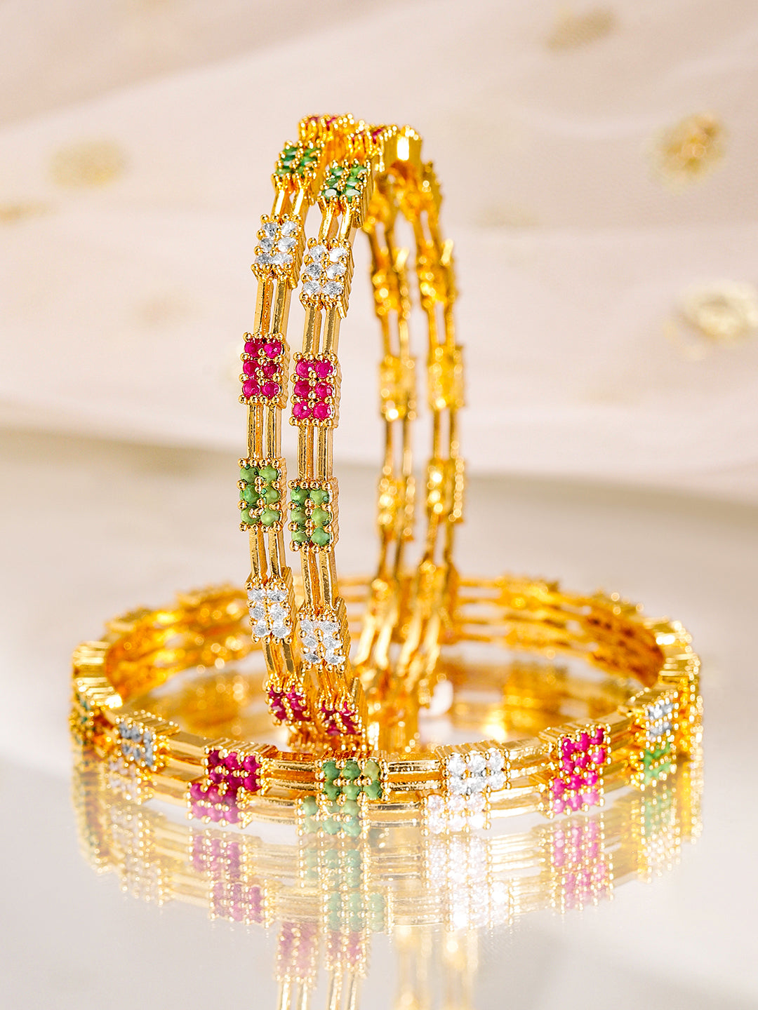 Wentra Set of 4, 22K Gold-Plated Multicolor Stone & Cubic Zirconia Handcrafted Bangles