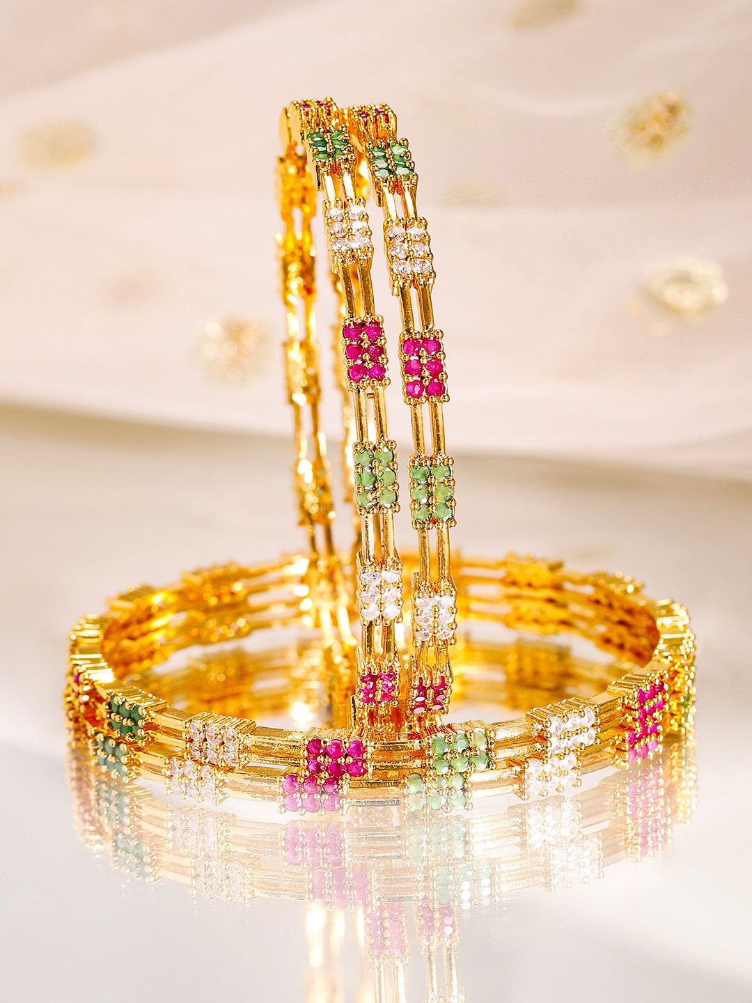Wentra Set of 4, 22K Gold-Plated Multicolor Stone & Cubic Zirconia Handcrafted Bangles