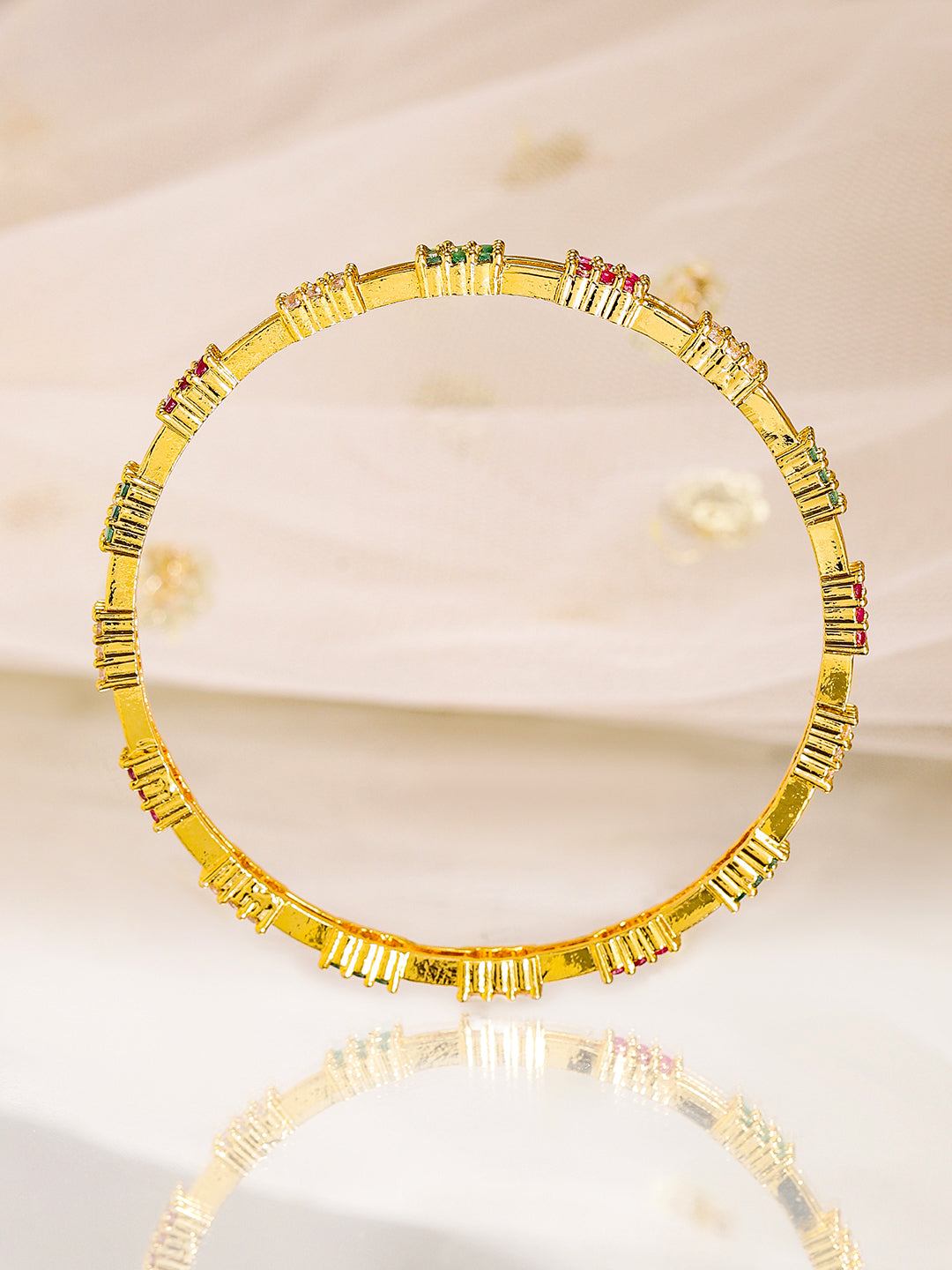 Wentra Set of 4, 22K Gold-Plated Multicolor Stone & Cubic Zirconia Handcrafted Bangles