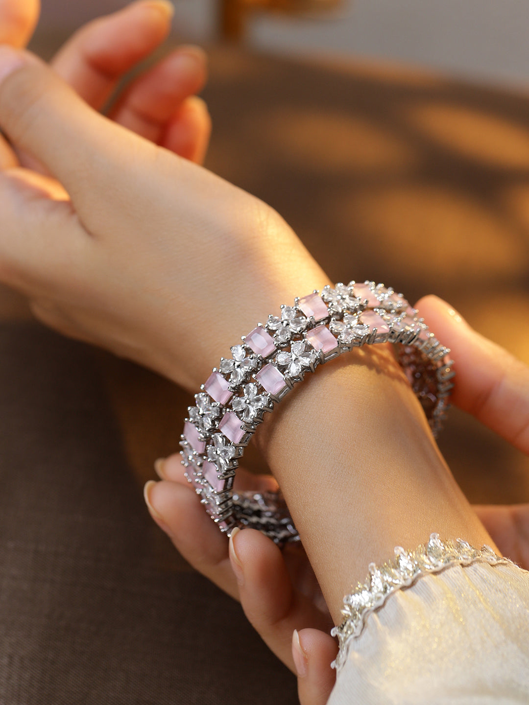 Wentra Set of 2 Rhodium-Plated Pastel Pink & White Cubic Zirconia Studded Bangles