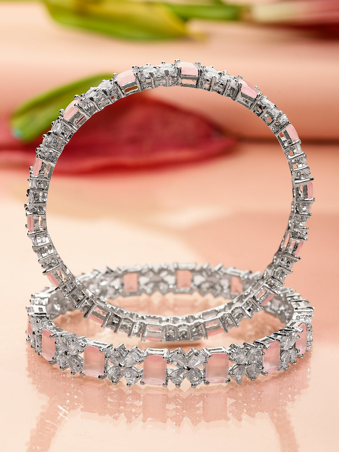 Wentra Set of 2 Rhodium-Plated Pastel Pink & White Cubic Zirconia Studded Bangles