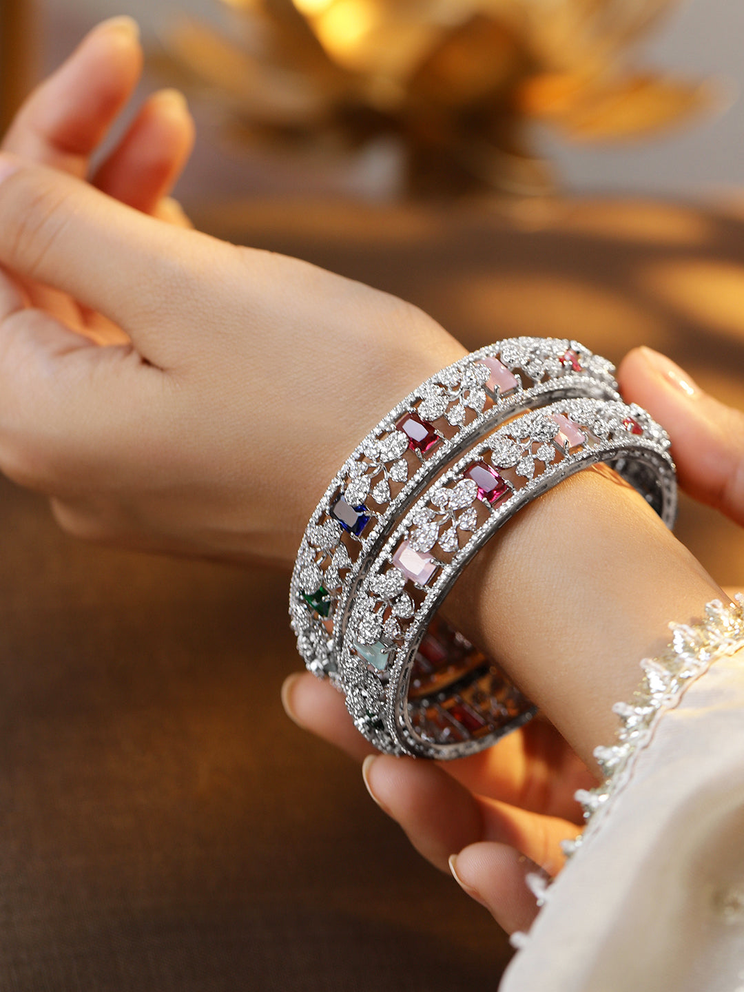 Wentra Set of 2 Rhodium-Plated Multicolor AAA Cubic Zirconia Studded Handcrafted Bangles