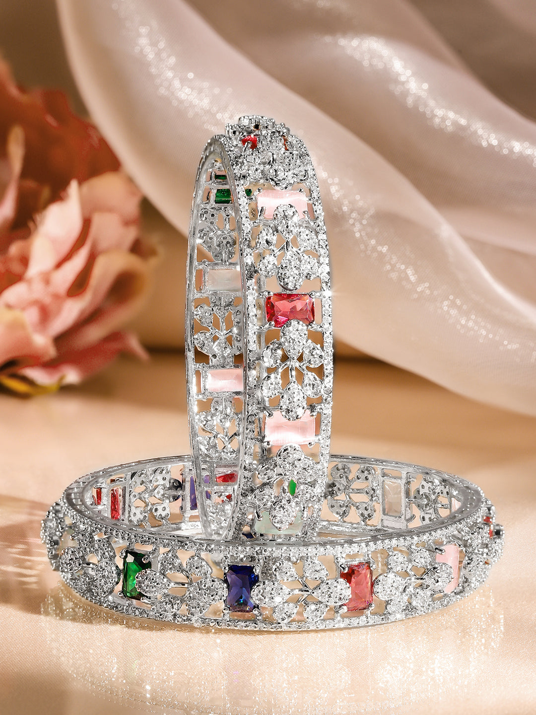 Wentra Set of 2 Rhodium-Plated Multicolor AAA Cubic Zirconia Studded Handcrafted Bangles