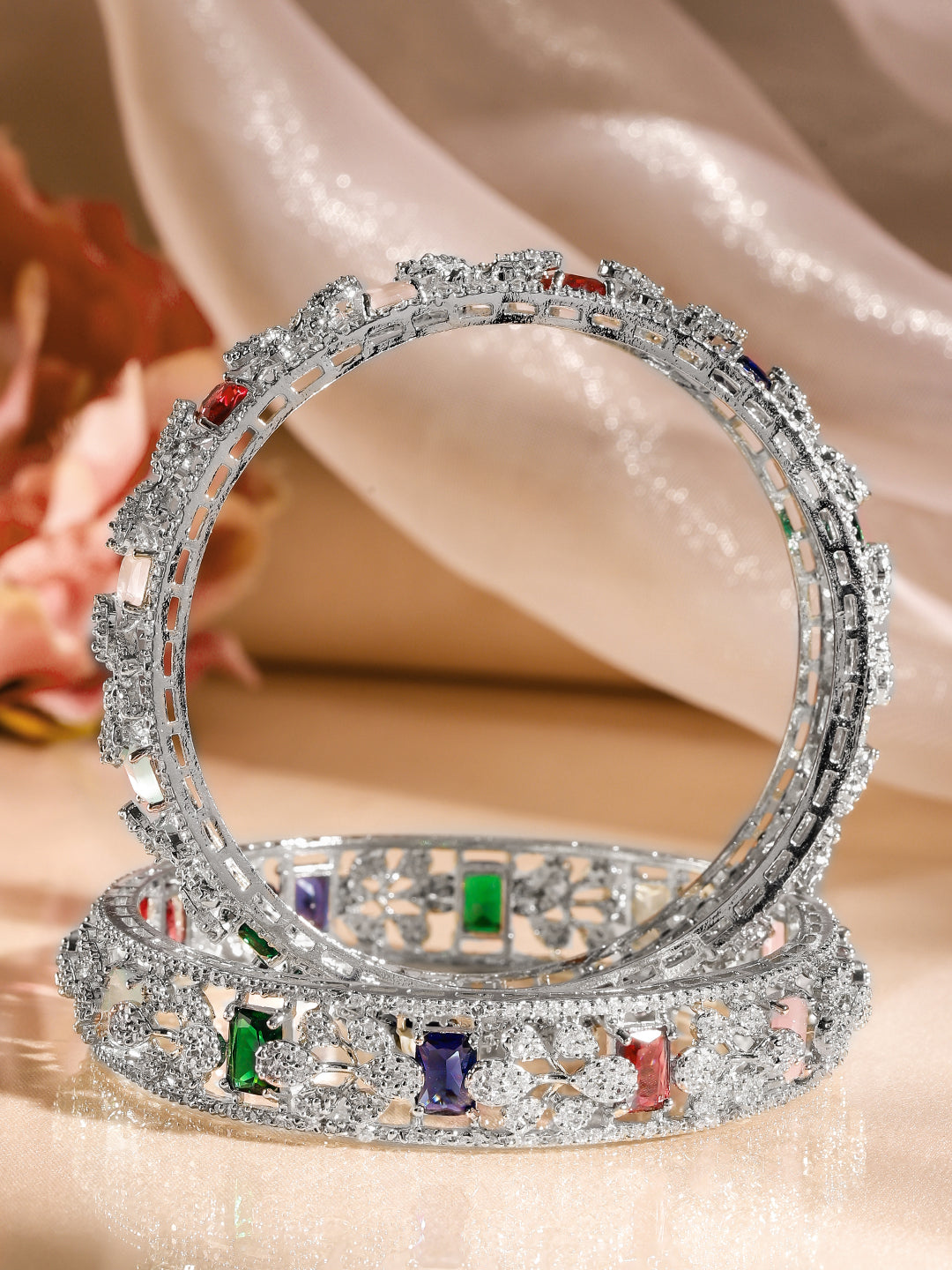 Wentra Set of 2 Rhodium-Plated Multicolor AAA Cubic Zirconia Studded Handcrafted Bangles
