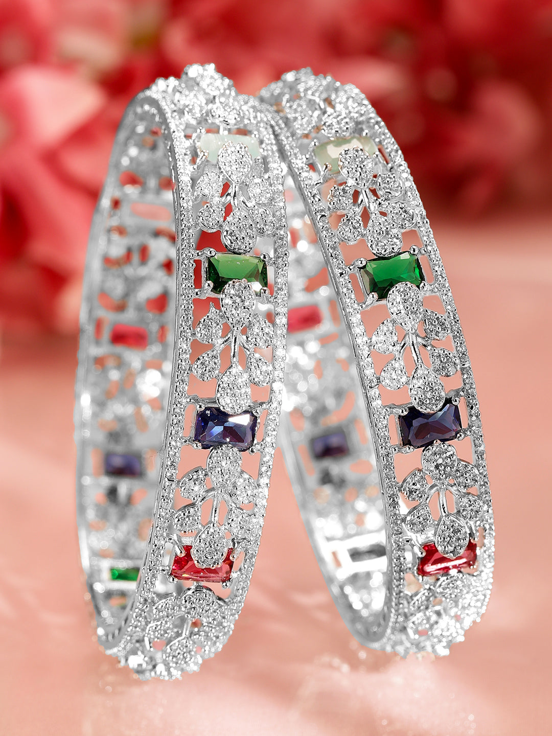 Wentra Set Of 2 Rhodium-Plated CZ Studded Bangles