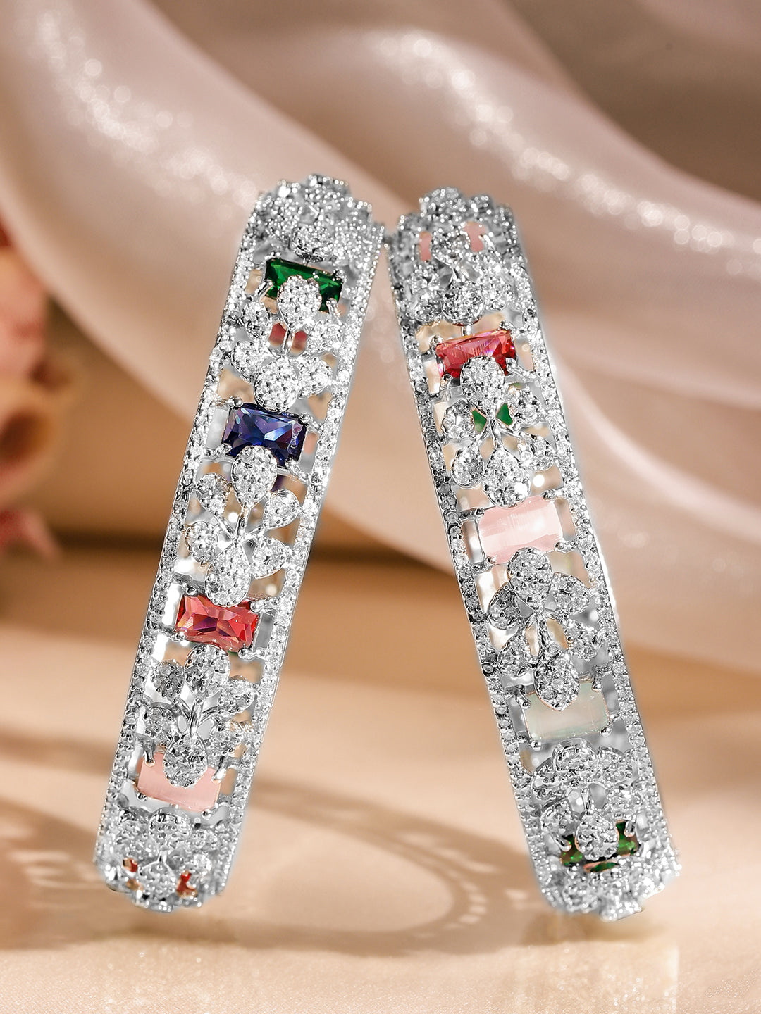 Wentra Set of 2 Rhodium-Plated Multicolor AAA Cubic Zirconia Studded Handcrafted Bangles