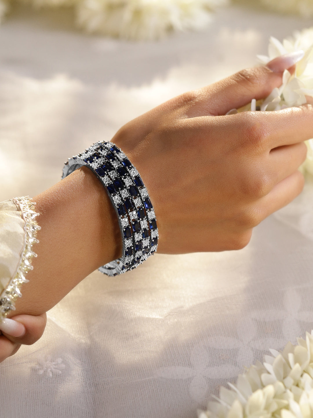 Wentra Set of 4 Rhodium-Plated Blue Sapphire & Cubic Zirconia Studded Premium Bangles