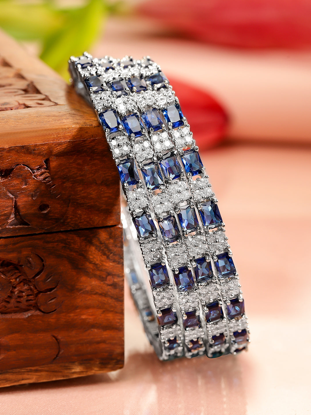 Wentra Set of 4 Rhodium-Plated Blue Sapphire & Cubic Zirconia Studded Premium Bangles