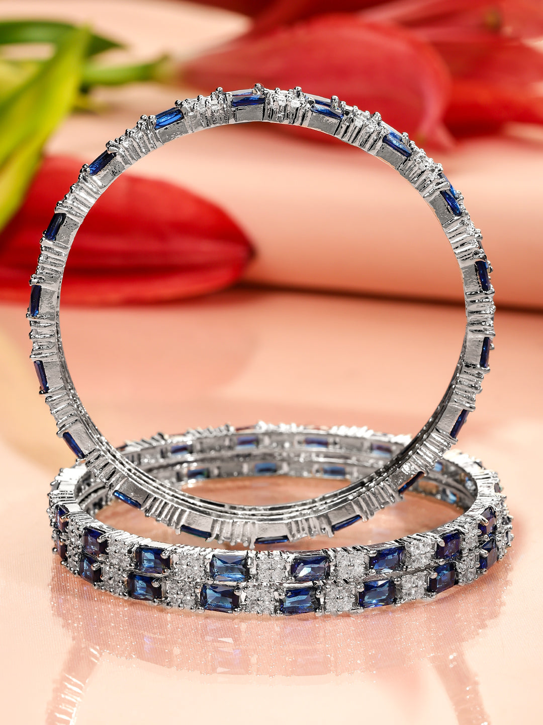 Wentra Set of 4 Rhodium-Plated Blue Sapphire & Cubic Zirconia Studded Premium Bangles