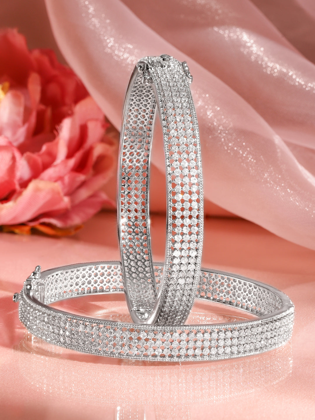 Wentra Set of 2 Rhodium-Plated AAA Cubic Zirconia Studded Handcrafted Openable Bangles