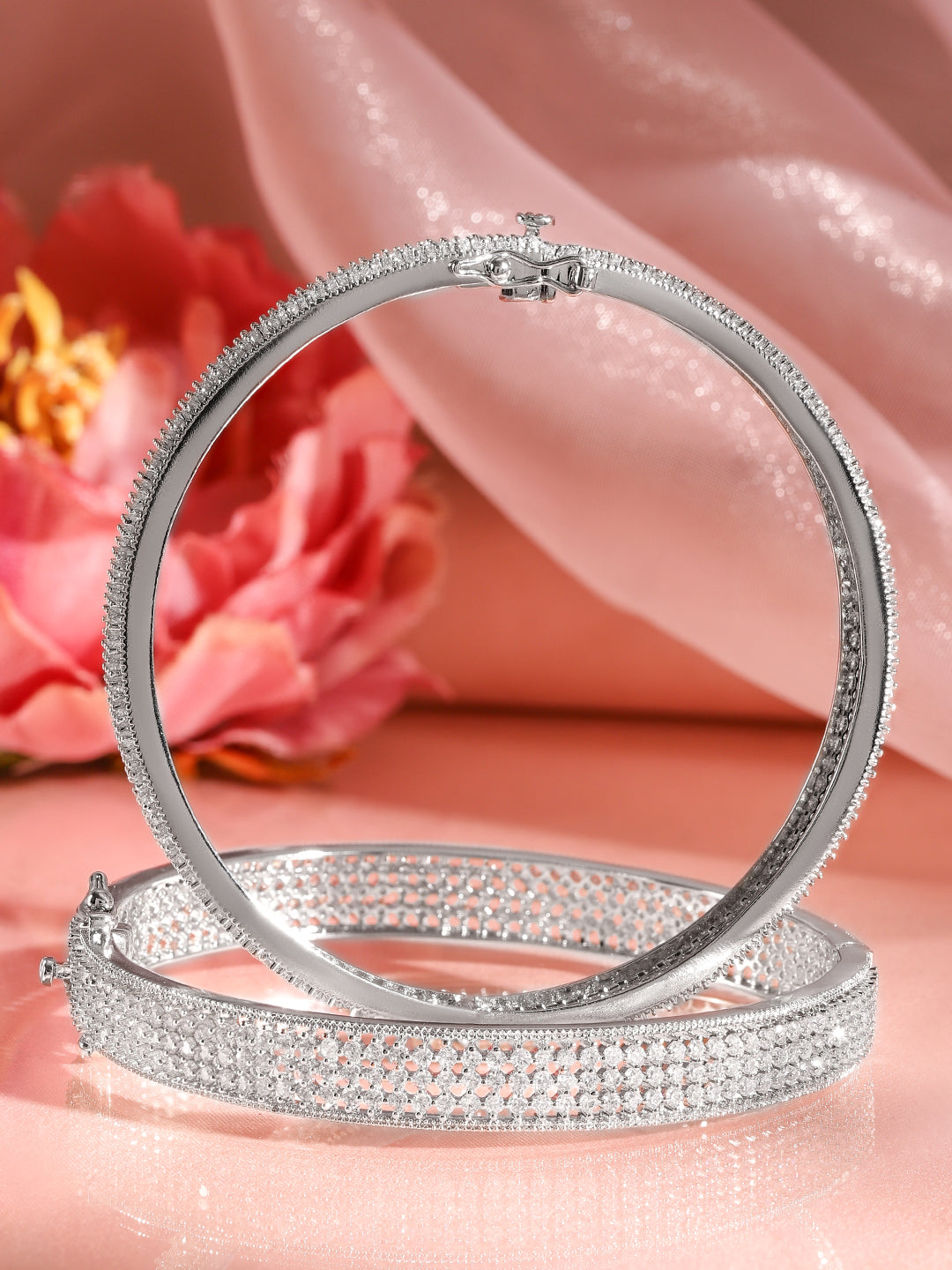 Wentra Set of 2 Rhodium-Plated AAA Cubic Zirconia Studded Handcrafted Openable Bangles