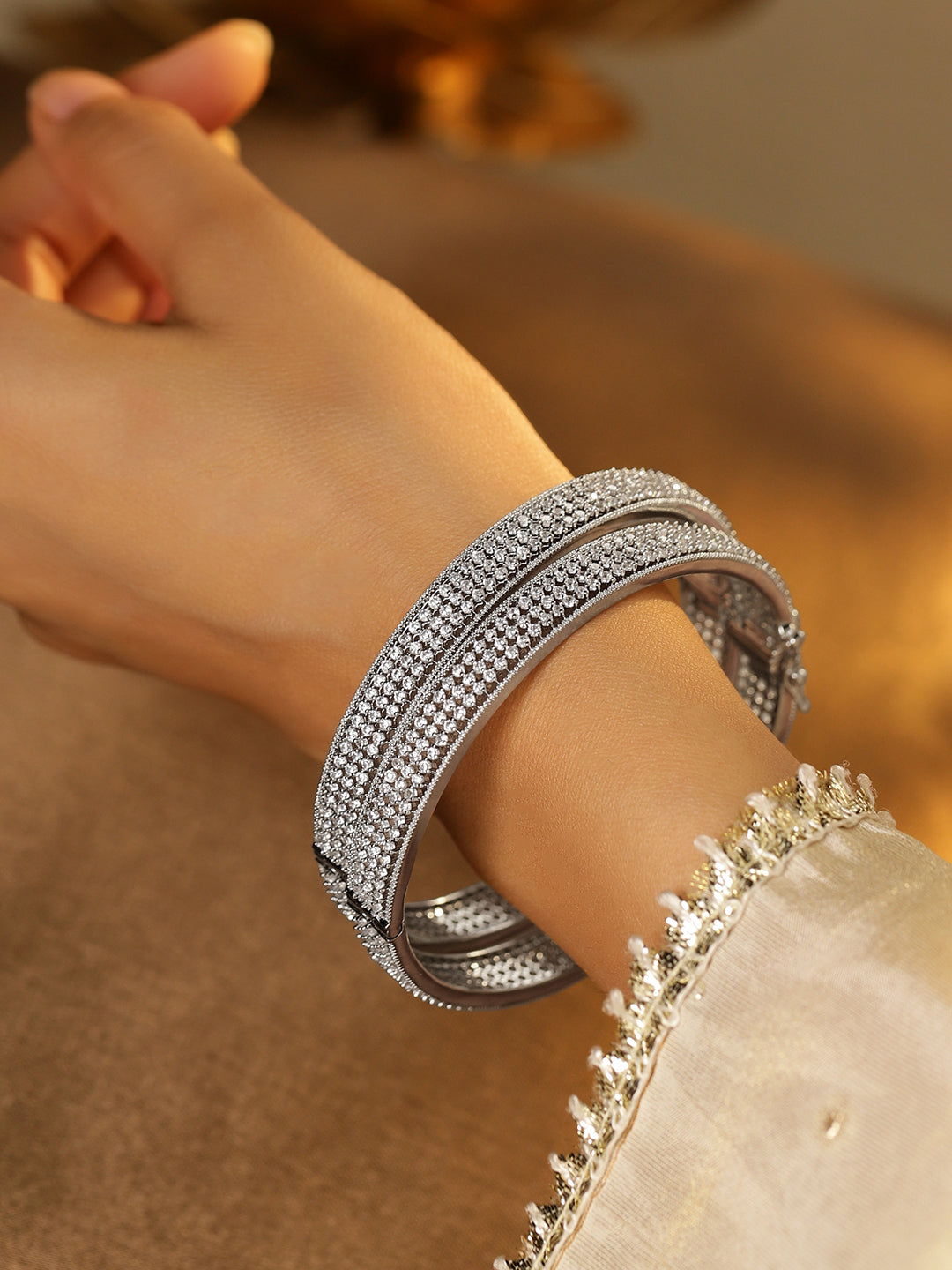 Wentra Set of 2 Rhodium-Plated AAA Cubic Zirconia Studded Handcrafted Openable Bangles