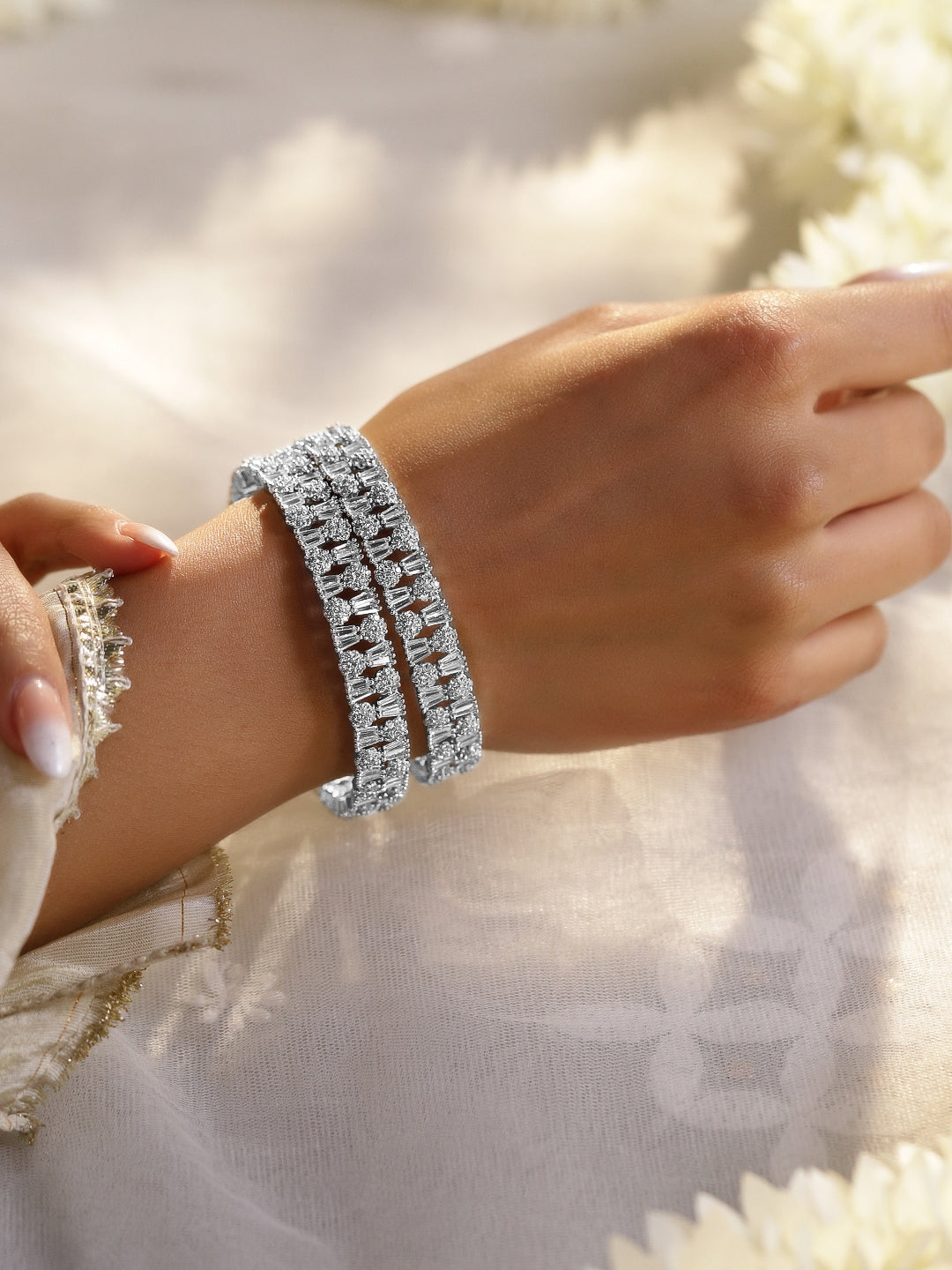 Wentra Set of 2 Rhodium-Plated AAA Cubic Zirconia Studded Handcrafted Premium Bangles