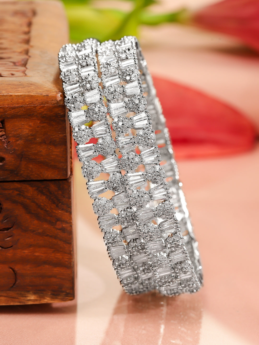 Wentra Set of 2 Rhodium-Plated AAA Cubic Zirconia Studded Handcrafted Premium Bangles