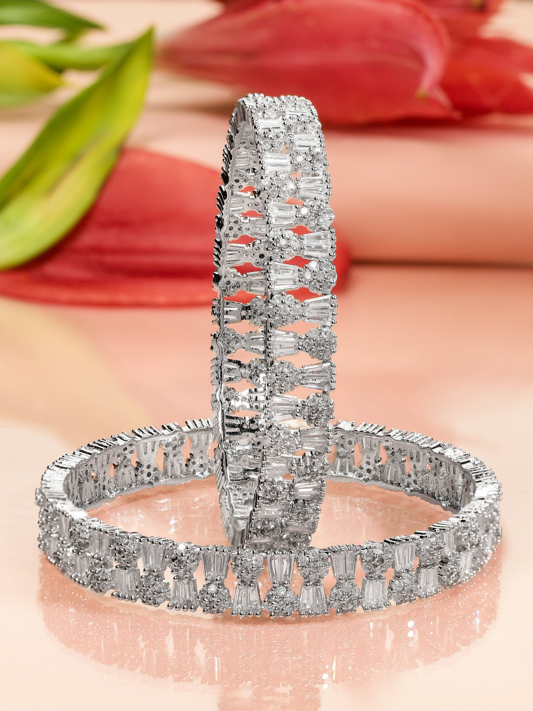 Wentra Set of 2 Rhodium-Plated AAA Cubic Zirconia Studded Handcrafted Premium Bangles